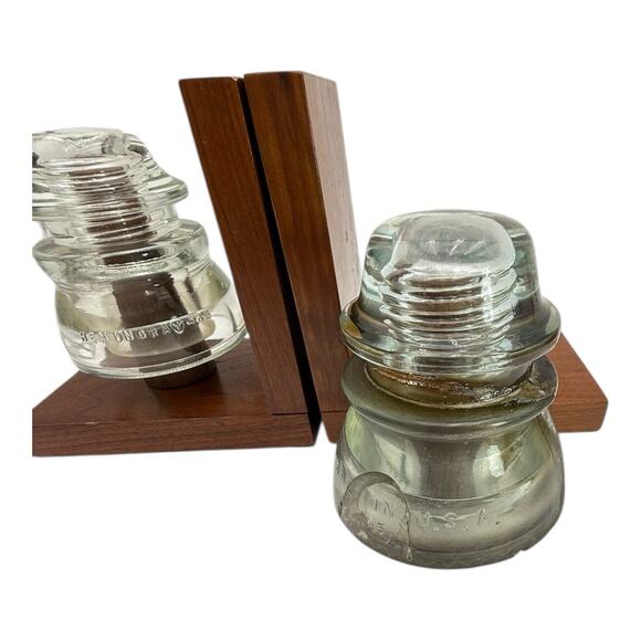 Clear Glass Insulator On Wood Bookends Very Heavy READ Vtg Lineman Electrician - Picture 4 of 14